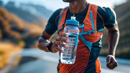 Focused Male Runner Mid-Stride Holding a Water Bottle on a Curving Road Through Rolling Hills Under Natural Light