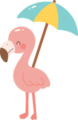 Cute pink flamingo holding colorful umbrella, exuding cheerful and playful vibe. This whimsical character is perfect for summer themed designs and illustrations
