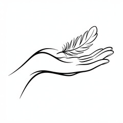 A minimalist line drawing of a gentle hand holding a soft feather, symbolizing care, tenderness, lightness, and sensitivity.