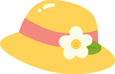 Cheerful yellow hat adorned with pink ribbon and white flower, perfect for sunny days and outdoor activities. This stylish accessory adds touch of fun and brightness to any outfit