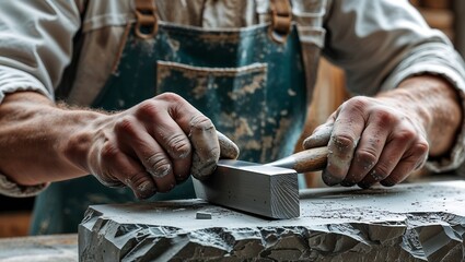 Close-Up of Craftsman Carving Stone by Hand with Chisel and Mallet in Rustic Workshop Setting
