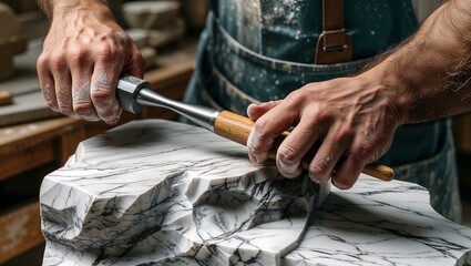 Skilled Artisan Working on Stone Block with Hand Tools in a Detailed View of Traditional Stonemasonry