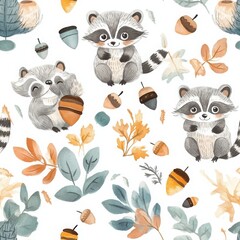 Fototapeta premium Adorable Watercolor Raccoons and Autumn Leaves Seamless Pattern