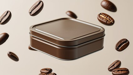 High-Resolution 3D Rendering of a Cylindrical Coffee Tin and Floating Beans with Warm, Inviting Lighting and Texture