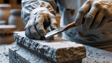 Close-Up of a Stonemason's Hands Carving Grey Stone with a Chisel, Capturing the Texture and Craftsmanship