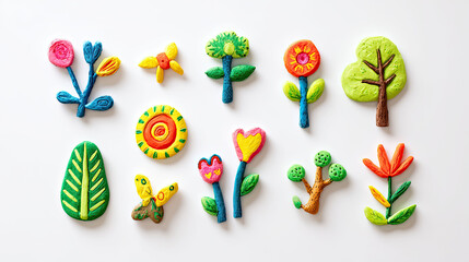 Flat clay applique made by a child, botanical motifs, funny toy, simple, minimalistic, colorful, children drawing,