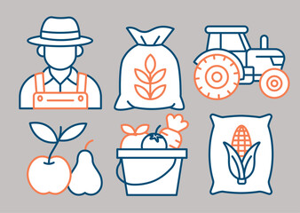 Simple Line Style Icons of Agriculture and Farming