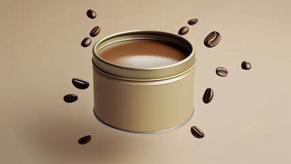 Floating Golden Tin Can with Glossy Chocolate or Coffee Inside and Scattered Coffee Beans on a Minimal Beige Background