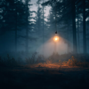Glowing light bulb floating in a dark foggy forest scene with mysterious atmosphere and soft lighting creativity inspiration udea concept
