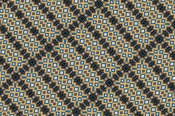 Intricate geometric pattern, blue and beige, elegant square design, luxurious textiles, vintage wallpaper, modern geometric decor, stylish home patterns