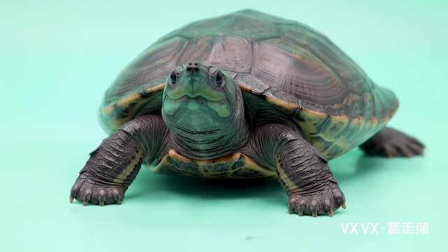 Aquatic turtle with dark shell and textured skin, looking directly at the camera on a vibrant light green studio background.