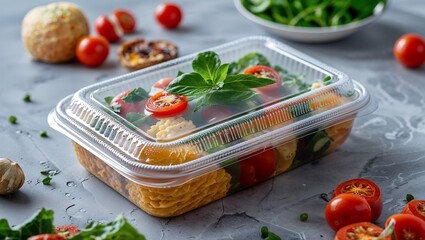 Vibrant Ready-to-Eat Salad in Sealed Takeaway Container with Fresh Ingredients and Modern Presentation