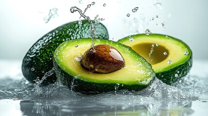 Fresh Avocado with Green Water Splash on White Background, Fresh and Healthy
