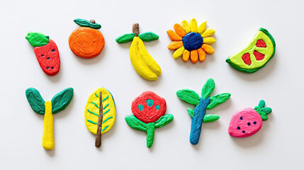 Flat clay applique made by a child, tropical fruit, funny toy, simple, minimalistic, colorful, children drawing,