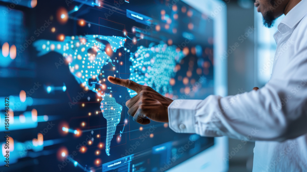Poster person interacts with digital world map on large screen, analyzing data points