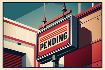 Retro Style Illustration of a Pending Sign Hanging Outside a Building with Red and Beige Color Palette and Clean Geometric Lines and Shapes