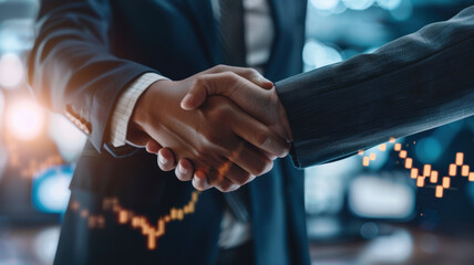 Two business professionals shaking hands in front of rising stock market graph, symbolizing successful partnership