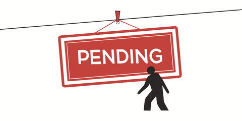 Illustration of a Person Looking at a Pending Sign Hanging from a Wire Representing Waiting Uncertainty or Delayed Action in Business or Personal Matters