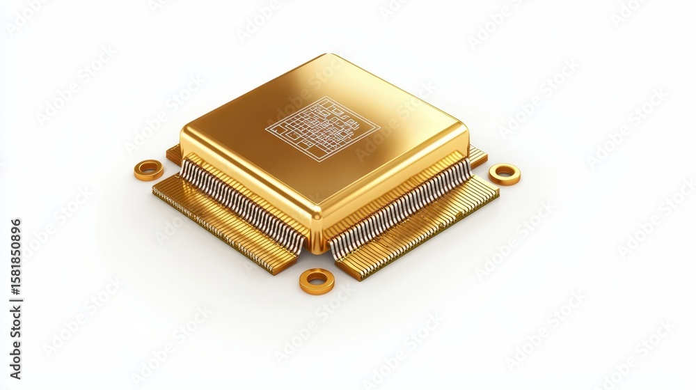 Poster intricate circuitry of a gold cpu chip, closeup view of processing power closeup