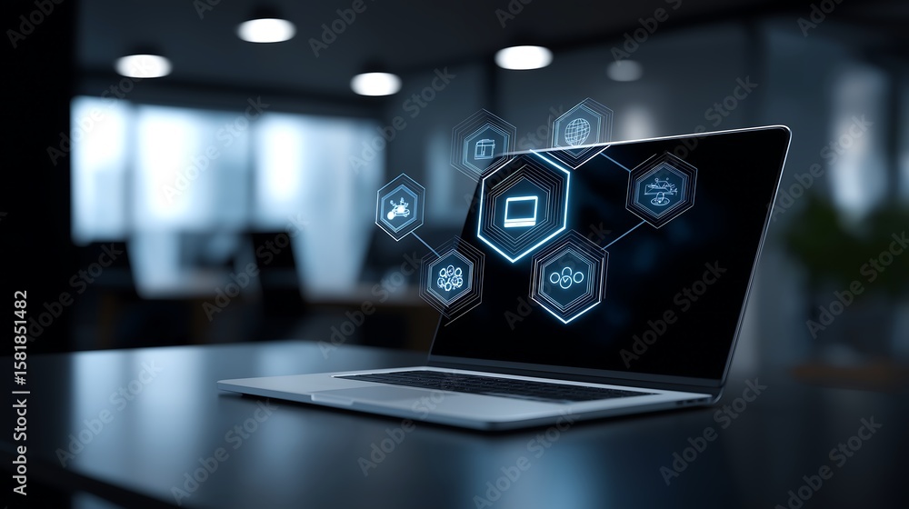 Aufkleber futuristic business setting with a laptop on the table displaying virtual icons for corporate traini