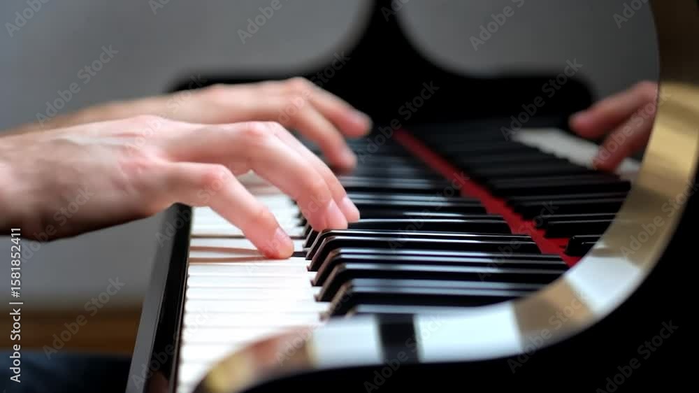 Poster close-up of hands playing a piano keyboard. the image is dimly lit, focusing on the hands and keys
