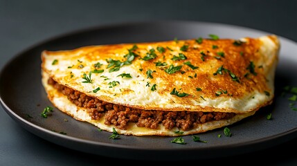 Savory ground beef omelette garnished with fresh parsley on a dark plate