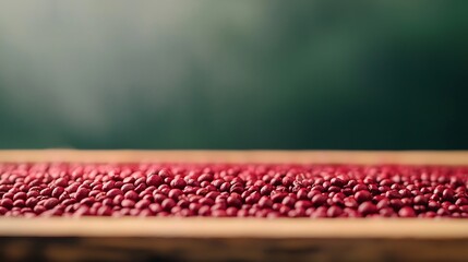Red Seeds in Wooden Tray, Macro Texture and Organic