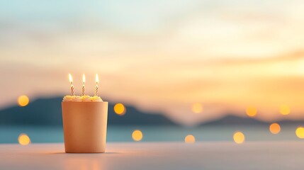 Birthday Cake with Candles at Sunset Bokeh