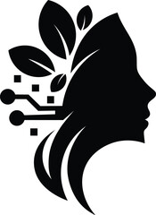 Female Profile with Leaves and Circuit Board Modern Technology and Nature Concept Icon