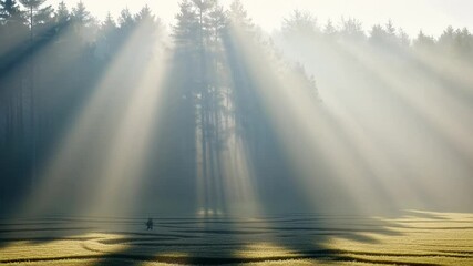 Sun Rays Streaming Through Foggy Pine Forest Early Morning