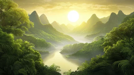 Gordijnen Tranquil river flowing through a dense, verdant jungle paradise, breathtaking tropical landscape © tawat