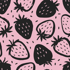 Strawberries seamless pattern of hand-drawn black berry shapes on a playful pink background. Modern brushstroke fruit texture. Fabric, nature food, endless print illustration.