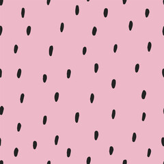 Strawberries seed seamless pattern of hand-drawn black shapes on pink background. Modern brushstroke fruit texture. Fabric, nature food, endless wrapping print.
