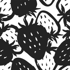 Strawberries seamless pattern of hand-drawn black berry shapes on a playful white background. Modern brushstroke fruit texture. Fabric, nature food, endless print illustration.