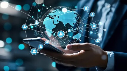 Business professional using smartphone to connect globally with digital network and data visualization - Powered by Adobe