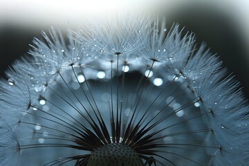 Delicate dandelion seed head, covered in glistening water droplets, close-up. 