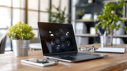 Modern office desk featuring a laptop with augmented reality display of smart management training icons, artificial intelligence education modules, and innovation tracking tools.