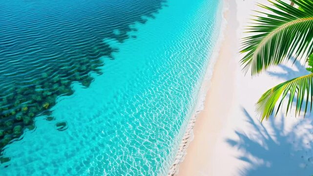 Serene tropical beach with crystal-clear waters and palm shadows