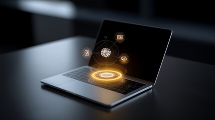 Top view of a workspace with a glowing laptop screen projecting holographic icons for smart education, innovation training, digital leadership, and AI-assisted learning paths.