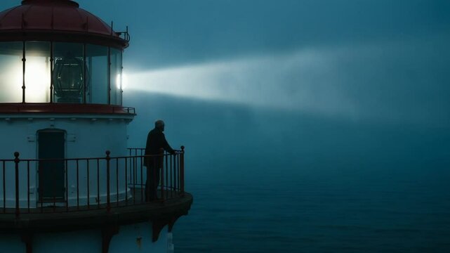 Lighthouse Keeper Observing Foggy Seascape at Dusk