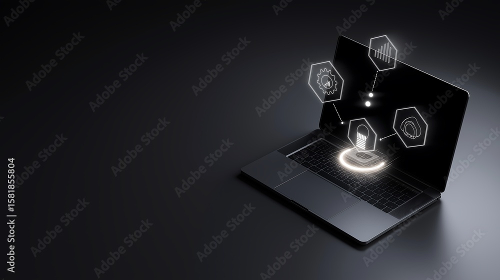 Poster top view of a workspace with a glowing laptop screen projecting holographic icons for smart educatio