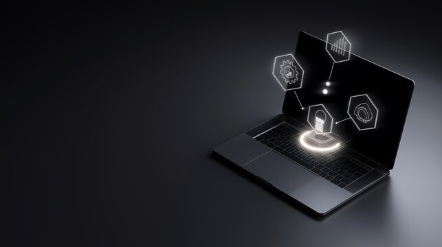 Top view of a workspace with a glowing laptop screen projecting holographic icons for smart education, innovation training, digital leadership, and AI-assisted learning paths.