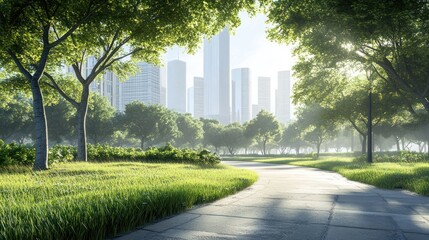 Urban park pathway at sunrise