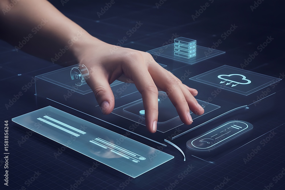 Poster human hand interacting with futuristic holographic interface displaying data and cloud icon interact