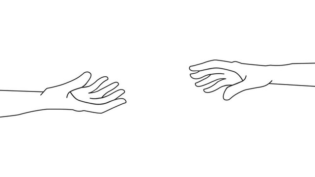Hand icon, black lines forming hands, 2 hands meeting and separating, cartoon style overlay video, hands opening and closing, 4k video