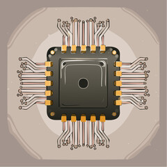 Minimalist vector illustration of a microchip with abstract circuit lines extending outward on a white background. Clean, modern design representing digital technology and innovation.