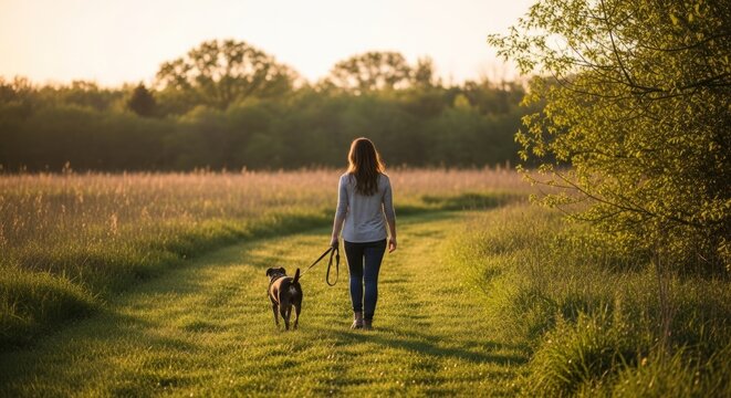 A woman walking her dog in a lush green field at sunset.
