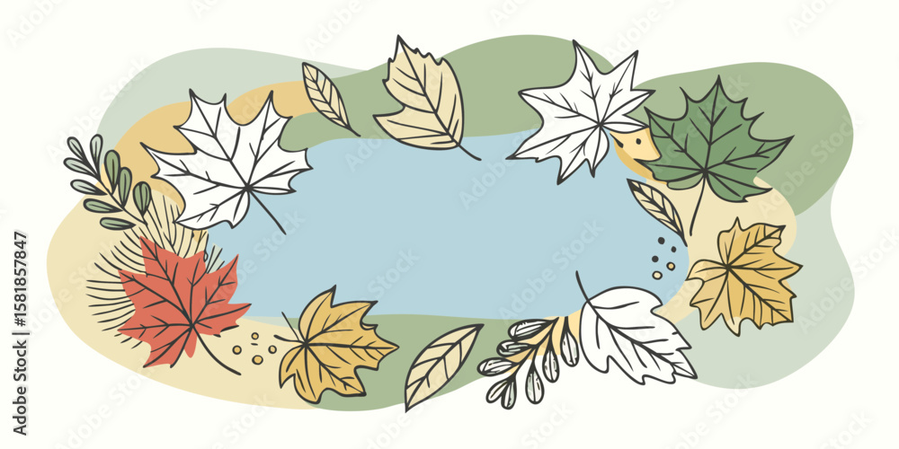 Poster autumn leaves frame with abstract shapes and hand drawn style for seasonal greetings and invitations