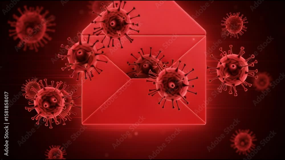 Poster a red envelope with a virus on it. the envelope is surrounded by a red background