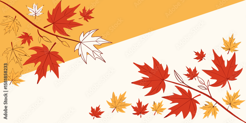 Poster autumnal maple leaf border with warm tones and diagonal color blocking for seasonal designs and fall